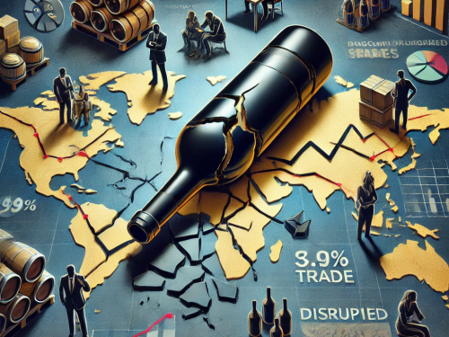 A conceptual illustration depicting the negative impacts of wine tariffs. The image shows a shattered wine bottle lying on a map of international trade