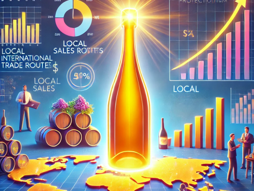 A conceptual illustration depicting the benefits of wine tariffs. The image shows a glowing wine bottle standing tall on a map of international trade 